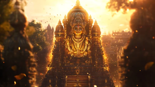 Golden temple goddess glowing in warm sunset light.
