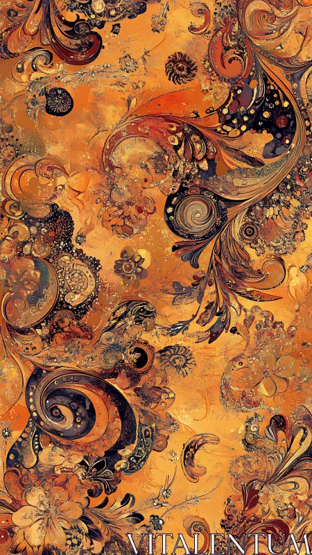 Ornate swirling florals flow across textured amber field