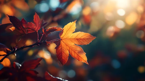 Sunlit maple leaf in soft autumn bokeh glow.