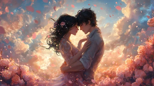 Ethereal Romance: Embracing Couple Surrounded by Luminous Florals and Clouds.