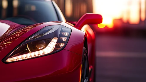 Red supercar headlight glows against vivid sunset backdrop.