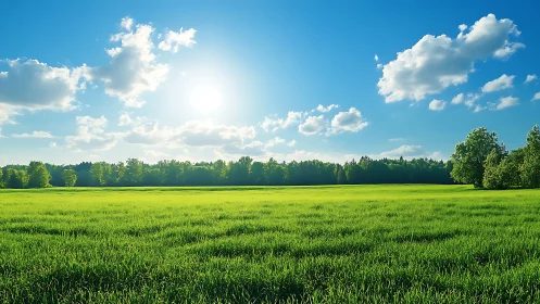 Wide-angle sunlit meadow shows high-saturation greens and sharp horizon