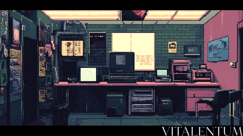 Cozy retro control room glowing with soft neon light.