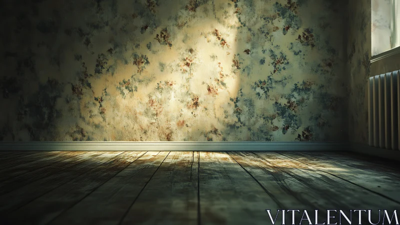 Sunlit distressed wallpaper over worn wooden floorboards.
