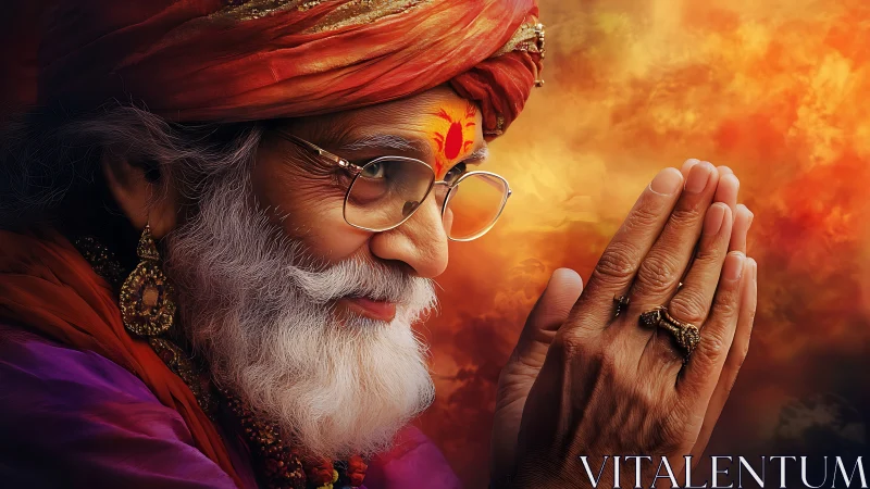 Elderly man in traditional attire with folded hands profile.