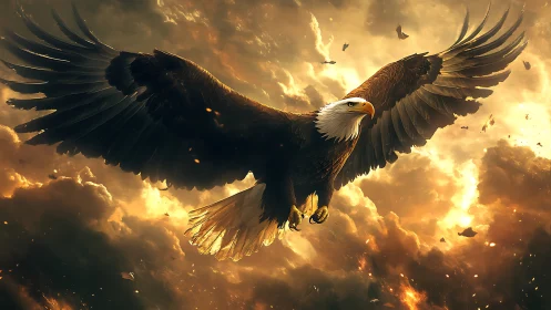 Majestic Bald Eagle Soaring in Dramatic Golden Sky Artwork.
