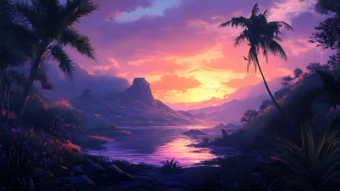 Tropical Sunset Over Mountain Lake Digital Art.