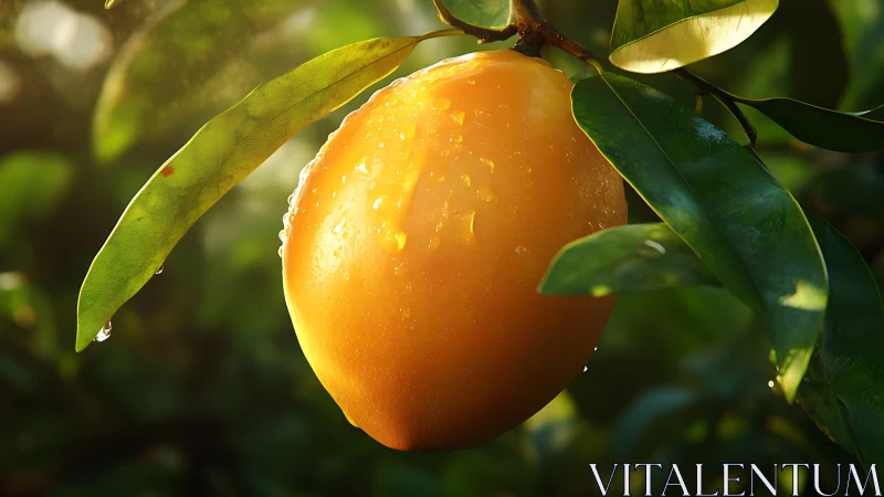 Sunlit mango jewel dripping with morning garden sweetness.