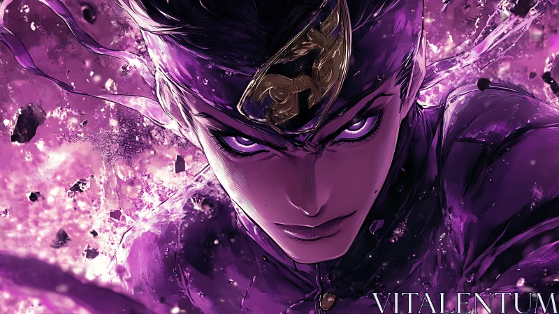 Intense purple anime warrior in dynamic close-up portrait.
