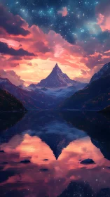 Symmetrical mountain and sky reflection occupies vertical frame