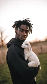Gentle sunset moment as a young man cradles a lamb close