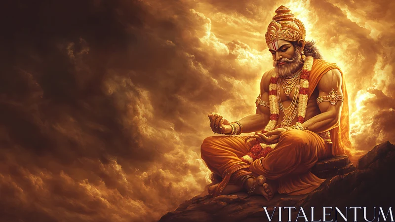 Seated robed figure in ornate attire amid glowing clouds.