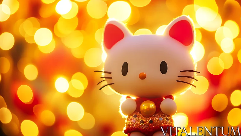Lucky cat figurine with festive golden bokeh illumination.