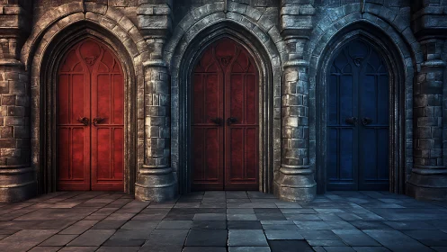 Mystical stone hallway with three boldly colored doors.