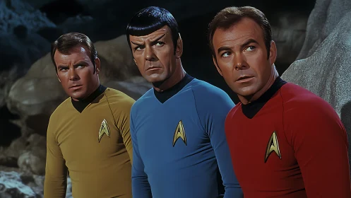 Photorealistic sci-fi crew portrait with triadic uniform color blocking.