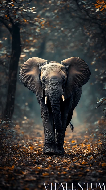 Telephoto frontal study of elephant on leaf-littered forest path