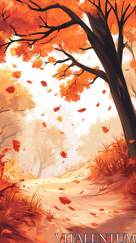 Autumn Forest Path with Falling Leaves.