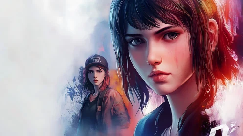 Serious young woman in stylized digital portrait scene.