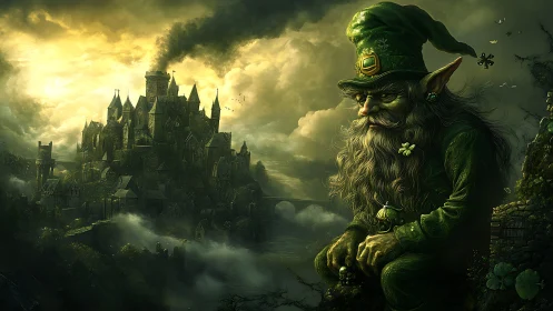 Brooding leprechaun sentinel overlooking mist-shrouded gothic citadel