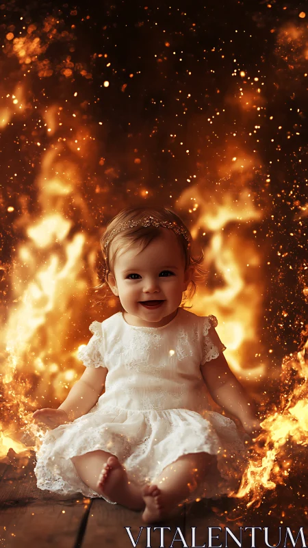 Radiant child smiles amid golden flames and sparks.