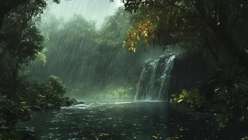Rain falls over dense forest river and small waterfall