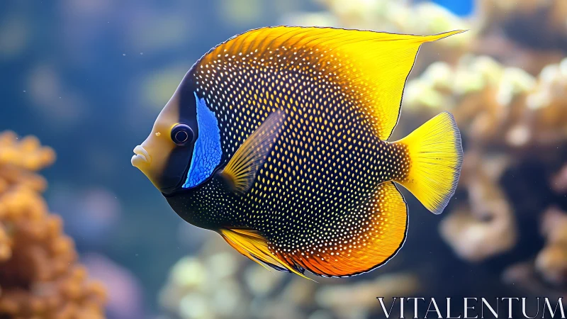 Vibrant angelfish portrait with golden dorsal fin glow.
