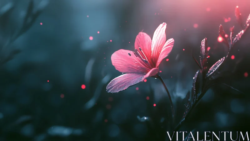 Pink Flower with Insect Against Dark Teal Background