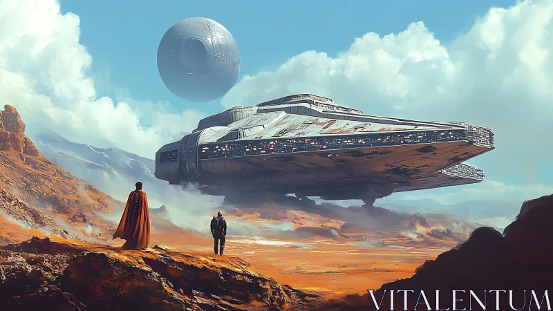 Colossal starship hovers over alien desert as travelers watch