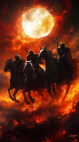 Four dark riders charge through fire beneath a burning moon