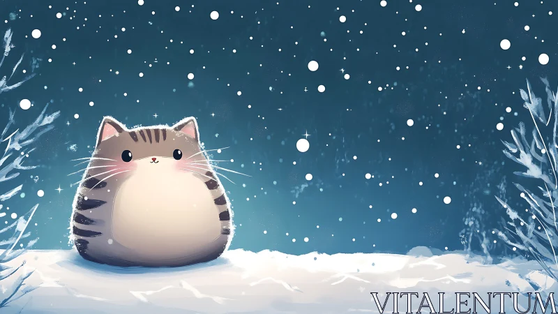 Chubby Cat Sits in Winter Snowscape with Falling Snow.