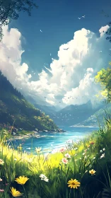 Sunlit wildflower meadow opens onto tranquil turquoise lake.