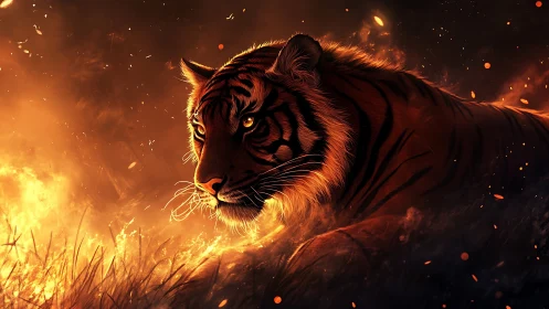 Tiger moves through blazing firelit grass with intense focus