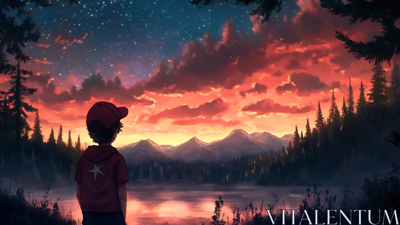 Backlit child observing stratified dusk sky over alpine lake.