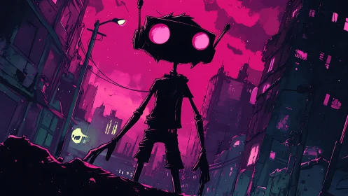 Robot silhouette dominates neon magenta cyberpunk ruinscape