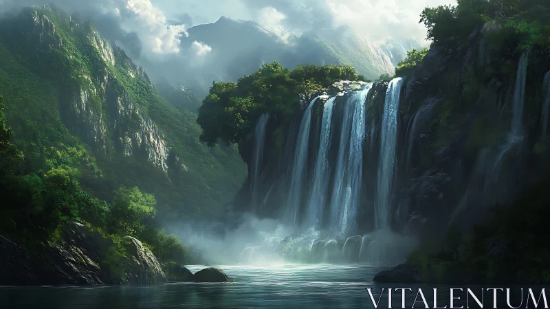 Digitally rendered multi-tiered waterfall in steep valley