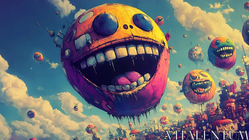 Floating spherical faces over dense urban skyline at noon.