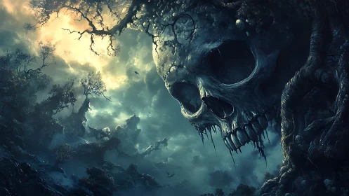 Stormlit skull mountain where dusk and mystery meet.