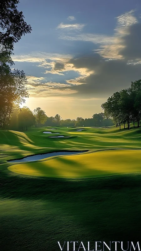Sunlit championship golf fairway glows in early morning.