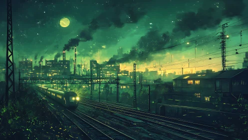 Moonlit factory rails and neon train under a toxic emerald sky.