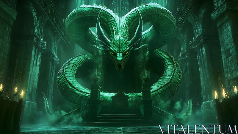 Emerald Hydra Dragon Coiled in Gothic Cathedral Throne Chamber.