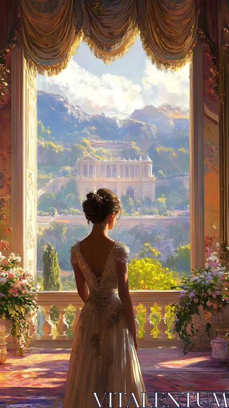 Woman in formal gown observing sunlit classical terrace.