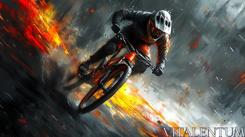 Mountain Biker Races Through Fiery Storm Landscape