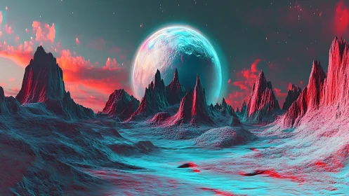 Neon alien valley under a glowing turquoise planet sky.