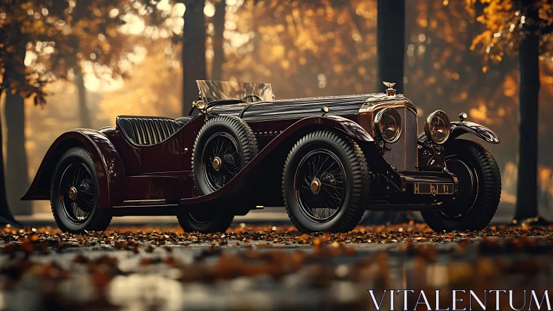 Vintage roadster gleams in a golden, foggy autumn forest drive