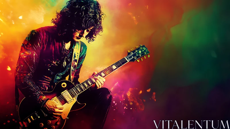 Electric guitarist in neon chromatic haze performance scene.