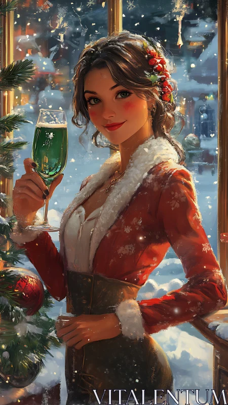 Festive woman with green drink by snowy Christmas window.
