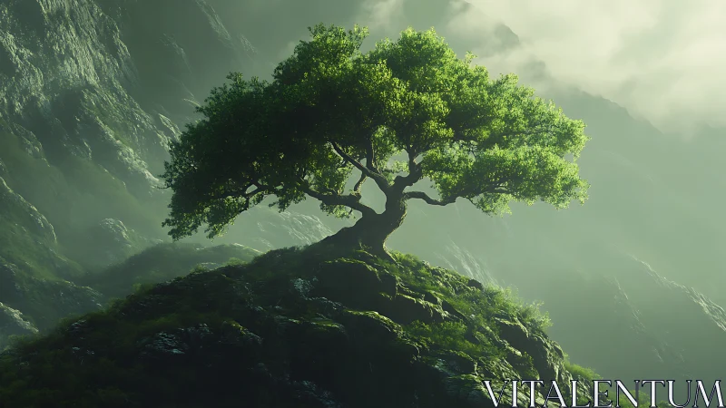 Solitary hilltop tree leans into mist and sculped green light