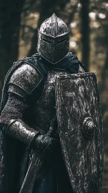 Armored medieval warrior standing in a forested setting.