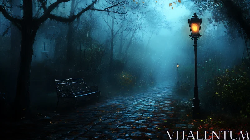 Rainy park path with lamppost glow and empty bench at night.