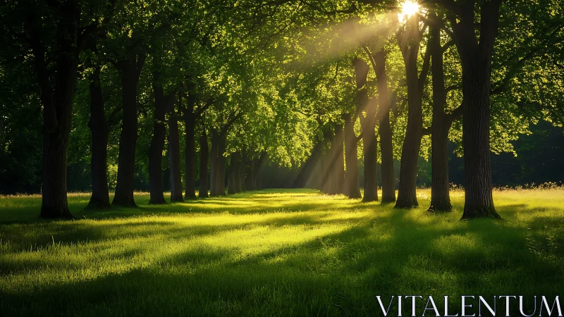 Sunlit Forest Path with Lush Greenery in Tranquil Morning Light.